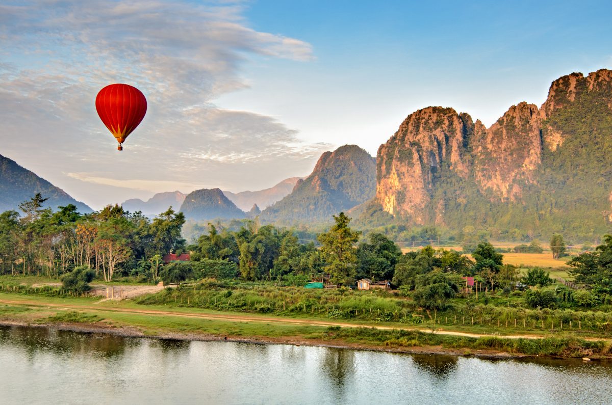 Hot air balloon at sunrise, Vang Vieng Laos