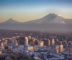 View of the city of Yerevan, the capital of Armenia.  Mount Ararat (5.137 m), the national symbol of Armenia, is the background of the city, but already on Turkish territory. The lower mountain on the left side is Little Ararat (3.896 m). In parts of Christianity it is accepted that Mount ararat is the resting place of Noah's Ark.