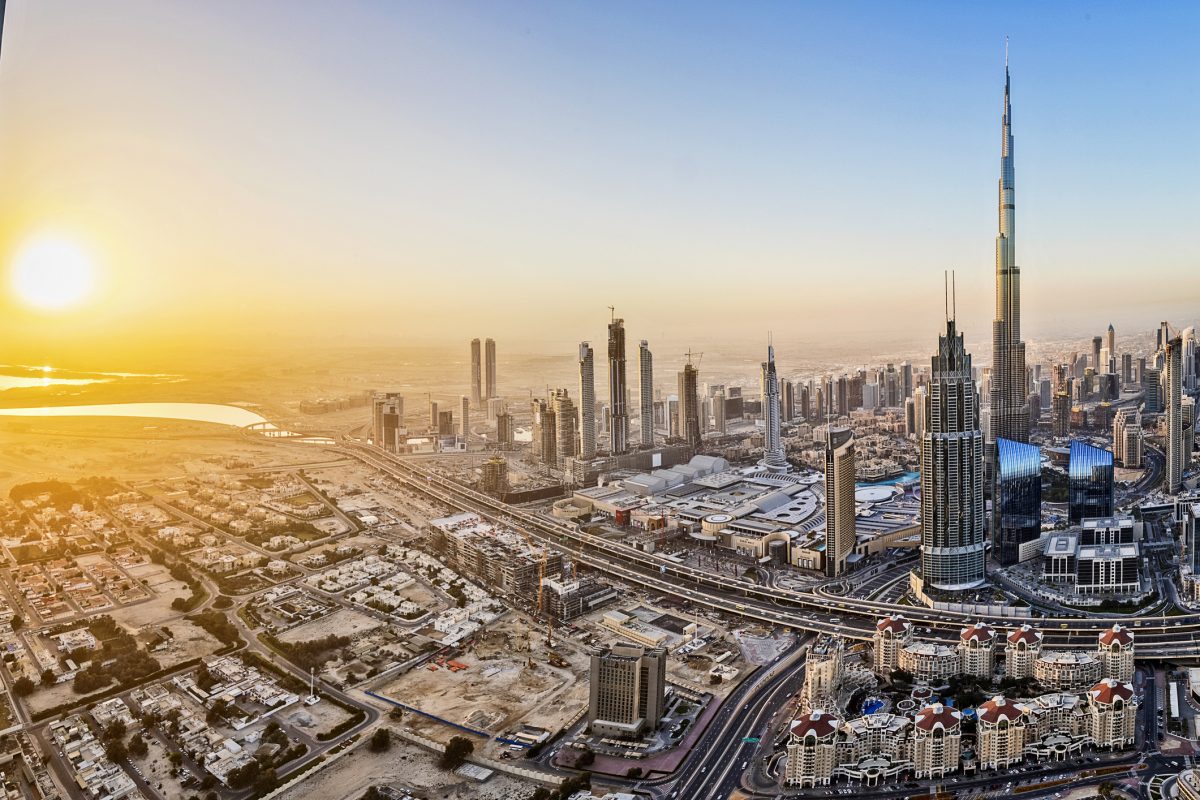 City lights in Dubai at sunrise