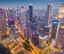 Aerial view Panoramic of the Singapore Skyline and Marina Bay, the marina is the centre of the economy in singapore, there are here all the building of all the majors bank and insurance.