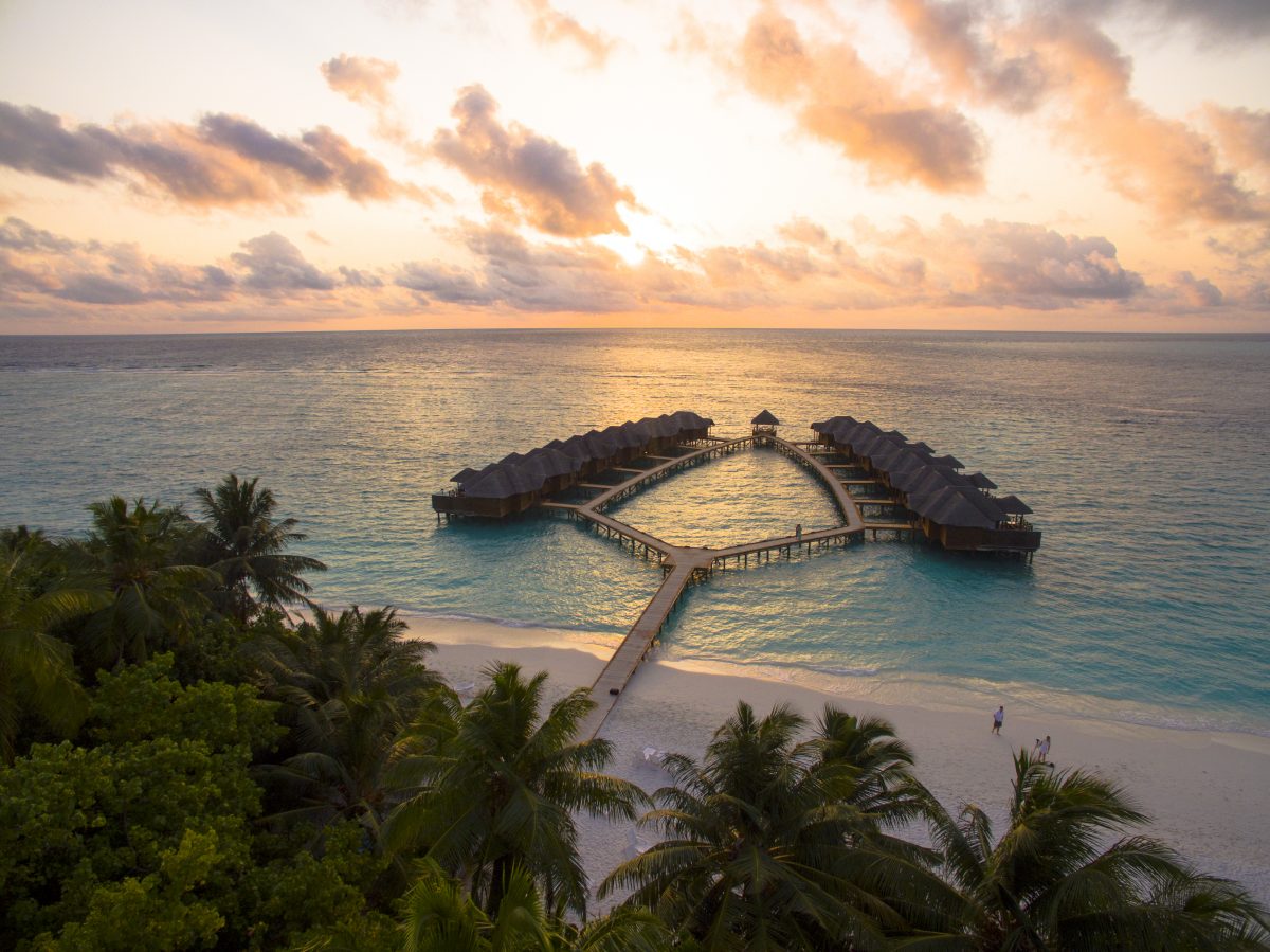 Water villa evening bird view